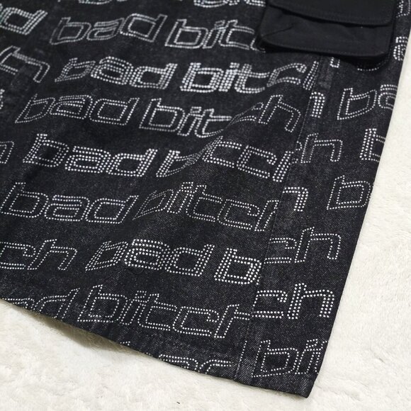 Poster Grl ✦ Black Denim Wrap Skirt ✦ Belted Pocket Text Print Size M NWT - Picture 8 of 13